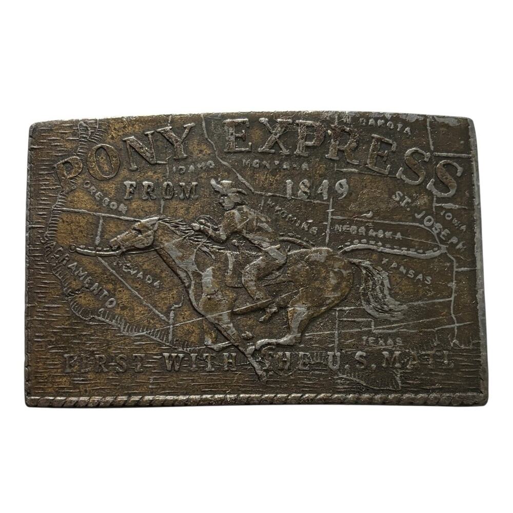 Vintage Lewis Buckles Pony Express Belt Buckle Chicago USA 1970s Brass